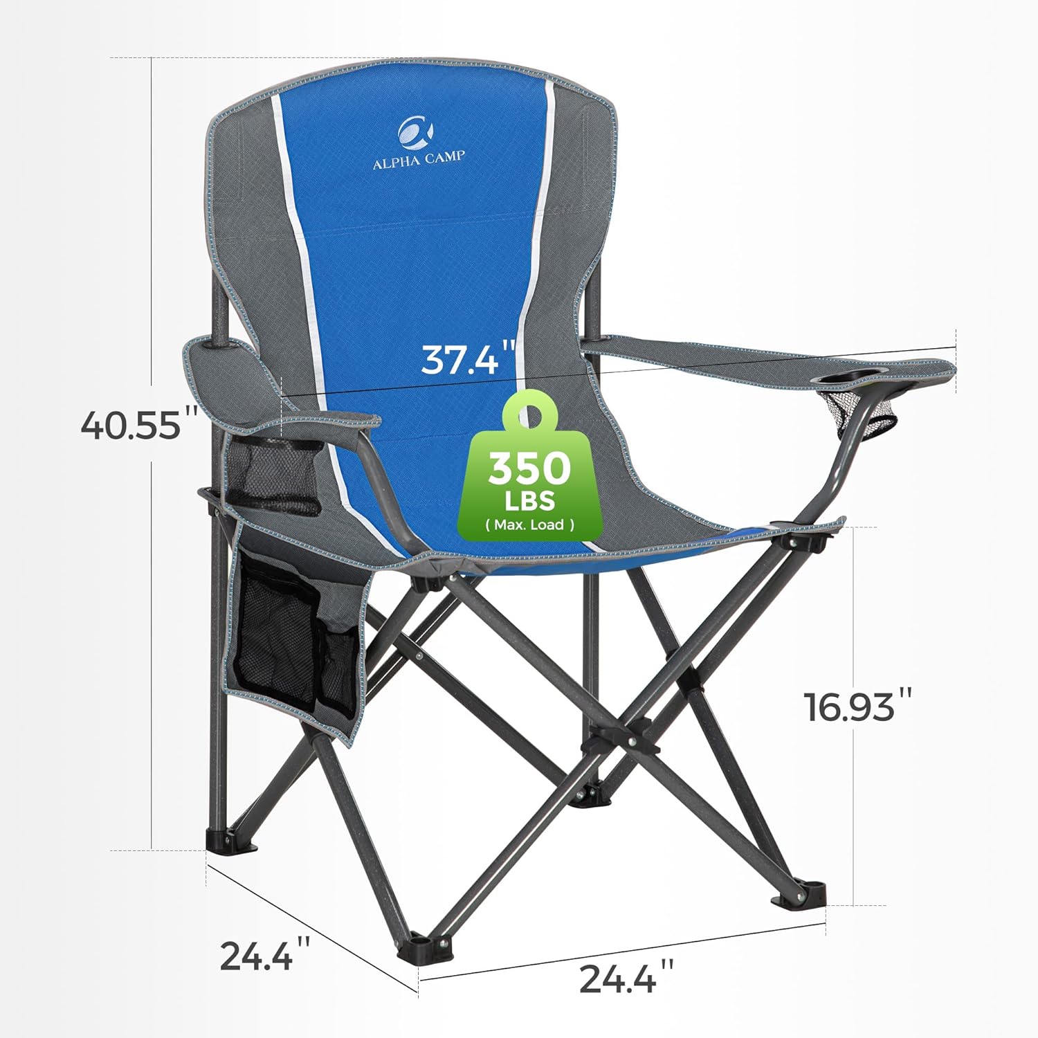ALPHA CAMP Oversized Camping Folding Chair - Heavy Duty Steel Frame Support 350 LBS, Collapsible Padded Arm With Cup Holder, Quad Lumbar Back, Portable for Outdoor/Indoor - Image 2