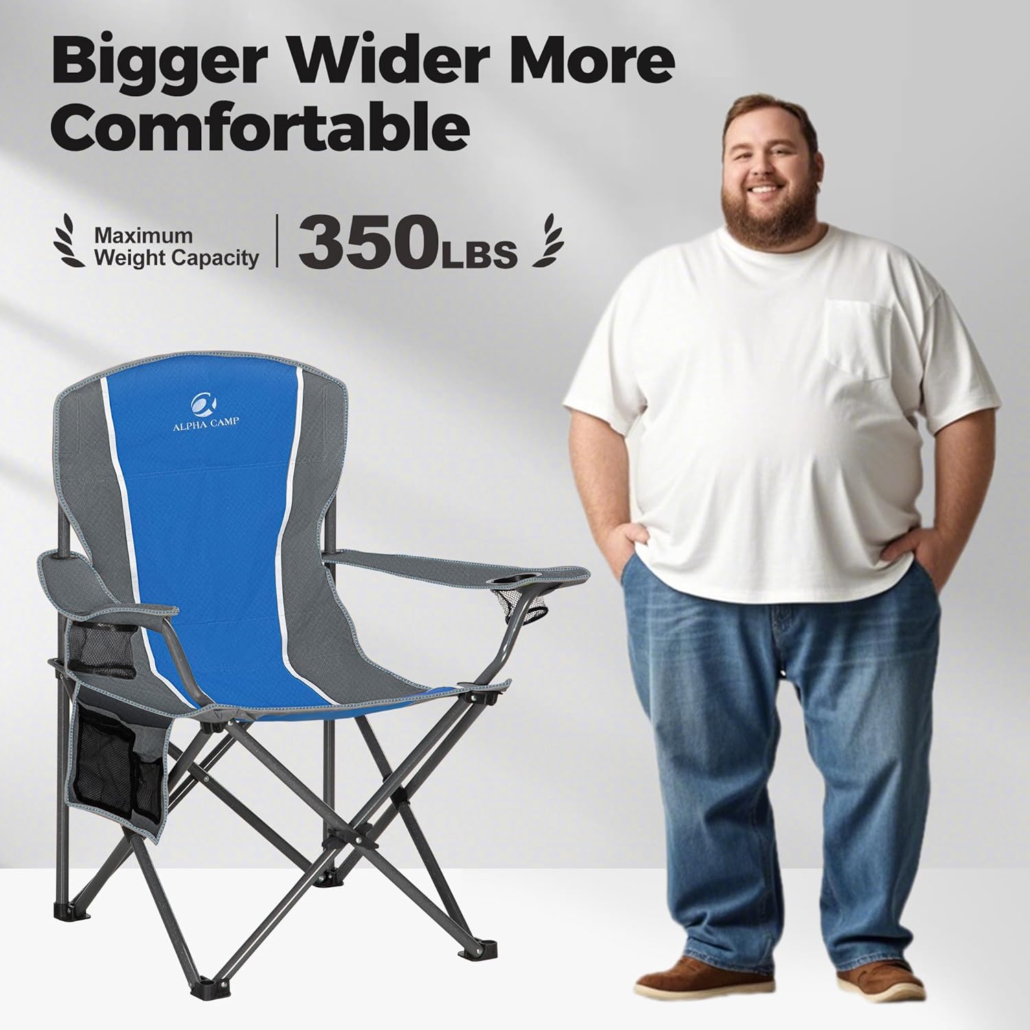 ALPHA CAMP Oversized Camping Folding Chair - Heavy Duty Steel Frame Support 350 LBS, Collapsible Padded Arm With Cup Holder, Quad Lumbar Back, Portable for Outdoor/Indoor - Image 4