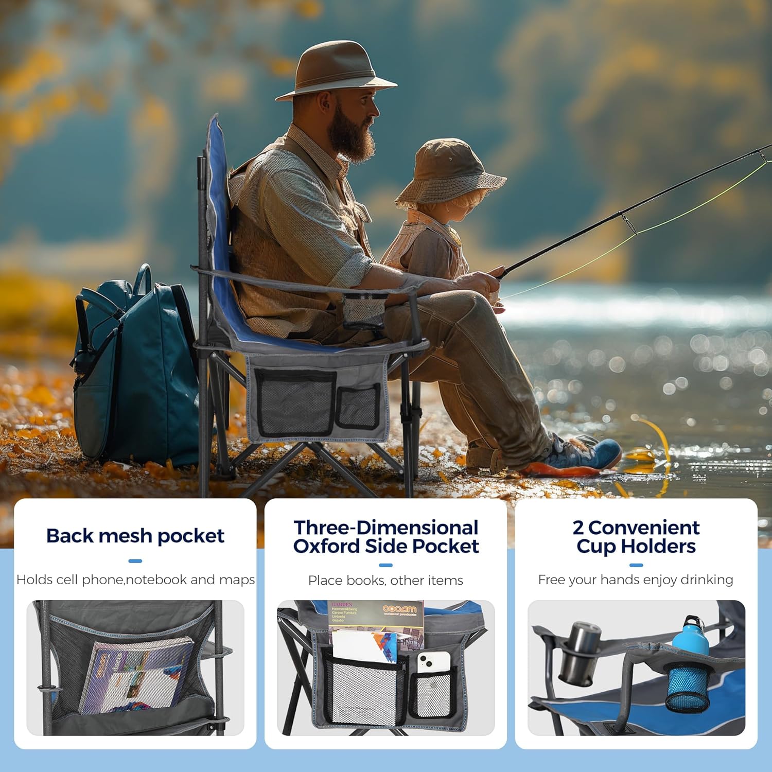 ALPHA CAMP Oversized Camping Folding Chair - Heavy Duty Steel Frame Support 350 LBS, Collapsible Padded Arm With Cup Holder, Quad Lumbar Back, Portable for Outdoor/Indoor - Image 8