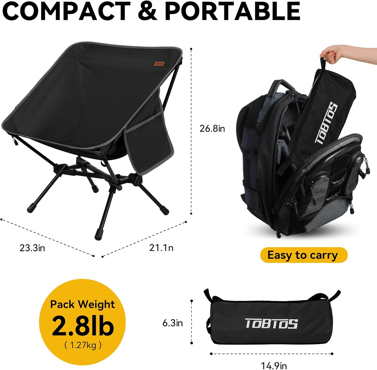 TOBTOS Ultralight Camping Chair, Portable Folding Backpacking Chair, Compact Camping Chair with Carry Bag for Outdoor Camp Hiking Backpack Beach Travel (Black) - Image 3
